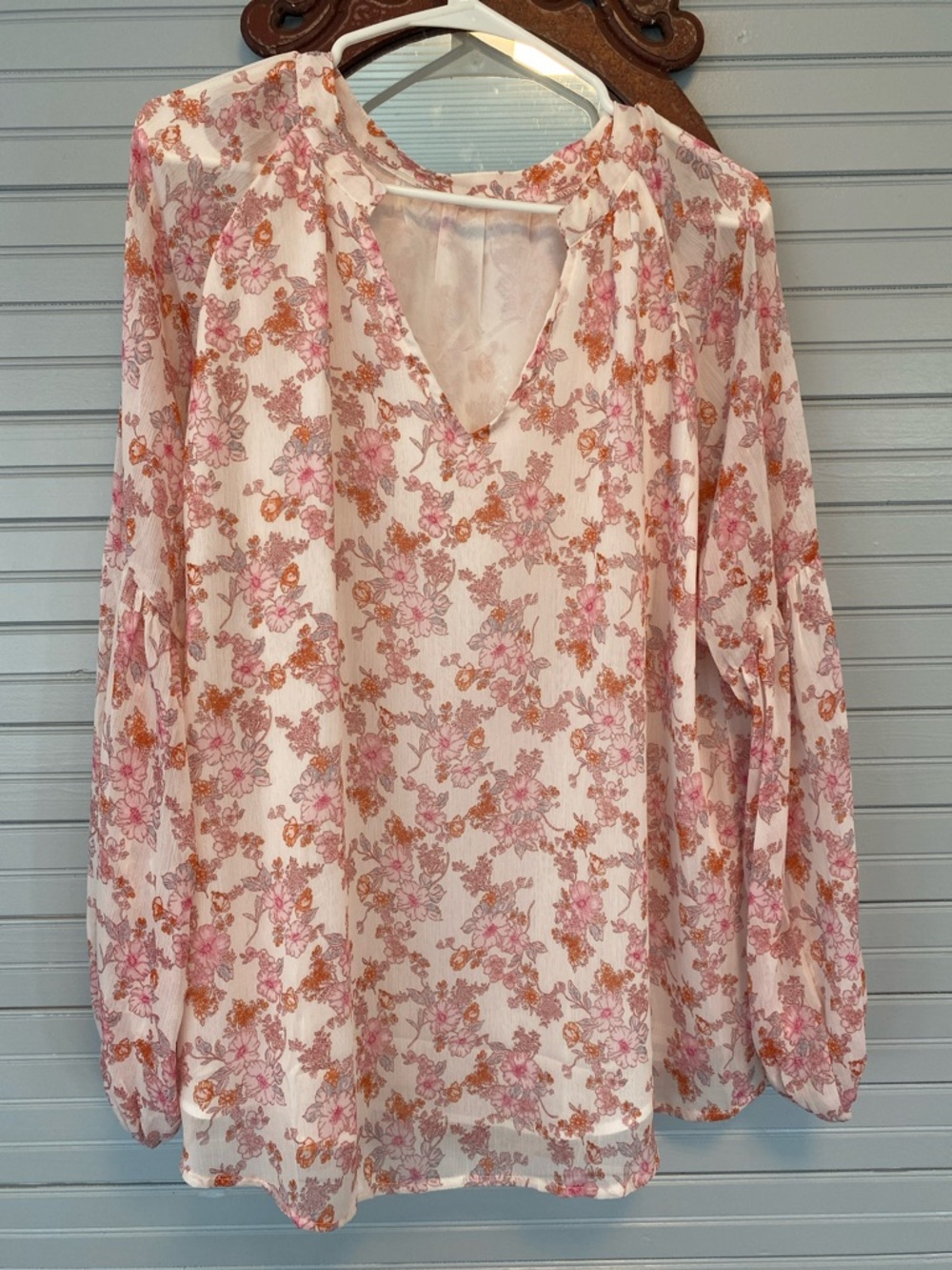 Floral V-Neck Long Sleeve Blouse - Pink & Peach